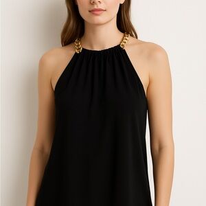 Michael Kors Black Halter Blouse with Gold Chain.